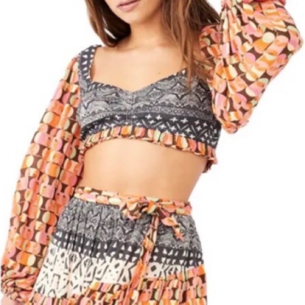 New Free People Naomi Sm Black Orange Midriff Puff Sleeve Mixed Print Crop Top - Picture 4 of 11